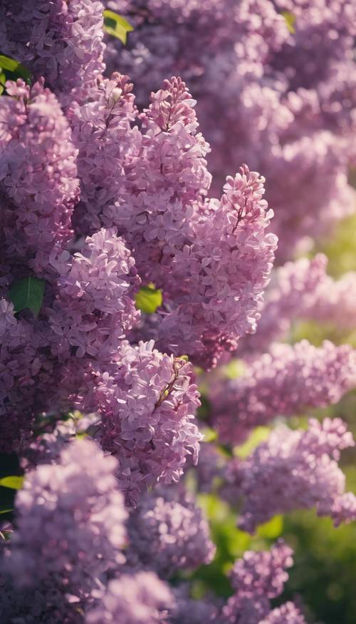 Um vasto campo de lilases em plena floração sob um céu brilhante de verão.