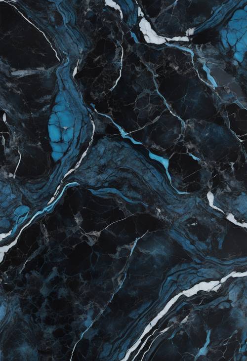 Glossy black marble with rare blue veins embedded within it.