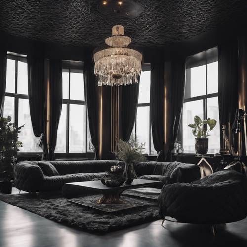 Stylish noir penthouse apartment with black lace draped furniture Kertas dinding [9626be378d6b4797a8d2]