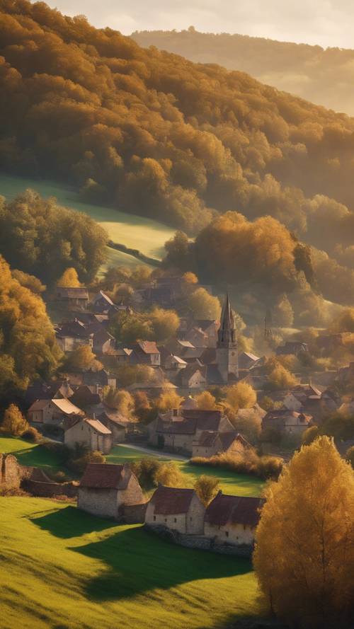 A picturesque morning landscape of a charming village nestled in a valley, bathed in soft golden sunrise light.