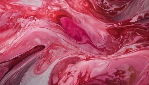 Une peinture abstraite aux motifs tourbillonnants de rose et de rouge.