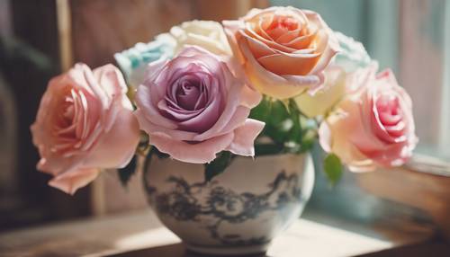 Güzel bir vintage vazoya yerleştirilmiş farklı renklerde sevimli Kawaii gülleri.