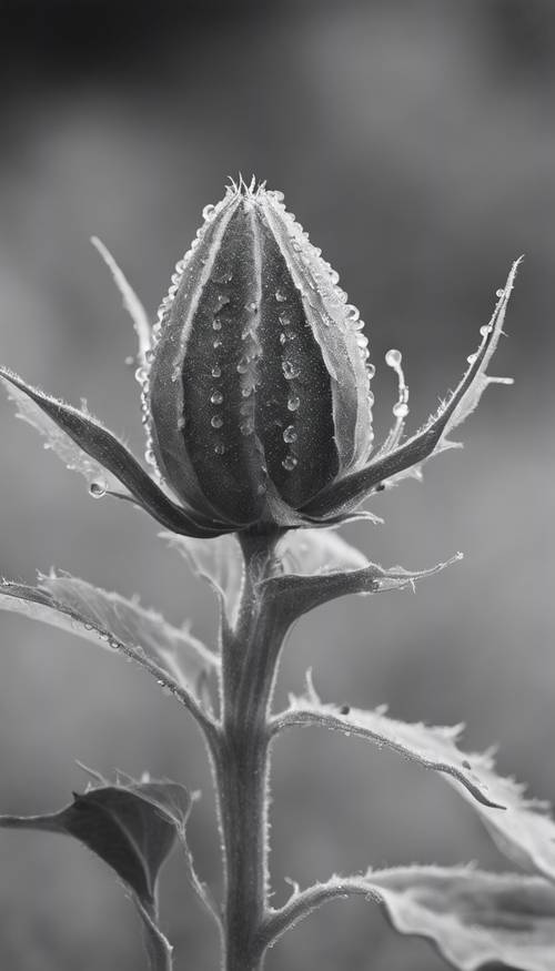 A sunflower bud, on the verge of blooming, with tiny beads of morning dew on it, captured in grayscale.
