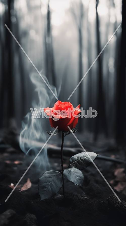 Mistica rosa rossa in una foresta nebbiosa