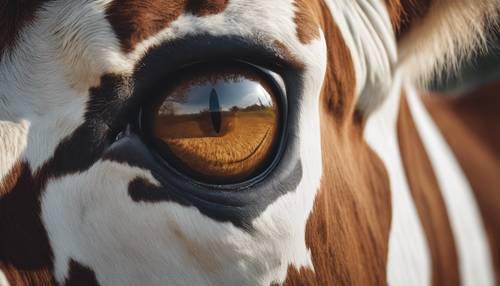Close-up of a cow's eye with the reflection of a brown cow print