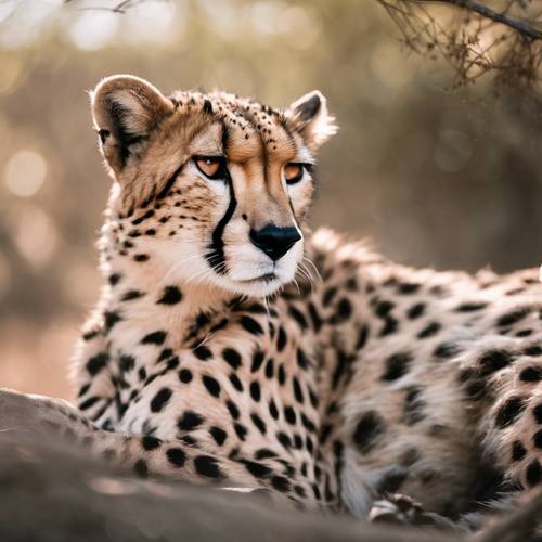 Un ghepardo dall&#39;aspetto feroce con macchie oro rosa uniche che riposano all&#39;ombra
