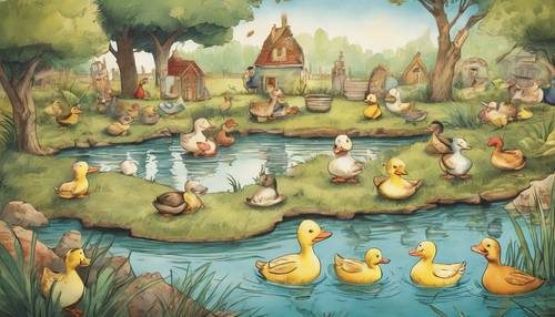 Uma ilustração de livro infantil antigo de uma cena movimentada de um lago com uma variedade de patos amigáveis ​​e coloridos nadando alegremente e interagindo uns com os outros.