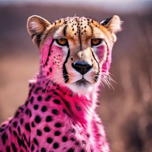 Retrato de un guepardo rosa intenso de aspecto feroz con sus manchas negras brillando bajo el duro sol africano.