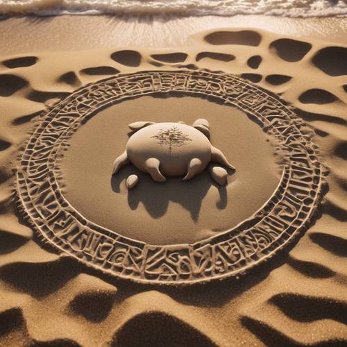 Wunderschön geformte Sandbilder von Sternzeichen an einem mystischen Strand mit einem Vollmond darüber.