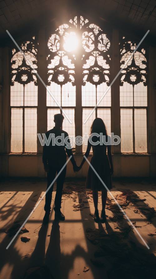 Romantische Silhouette eines Paares, das Händchen hält, im Vintage-Zimmer