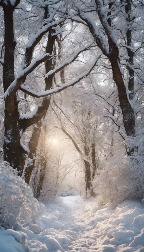 Un sentiero incantato nel bosco che scintilla di bianco e argento dopo una fresca nevicata al tramonto. Sfondo [a1cbe8ac925f48849553]