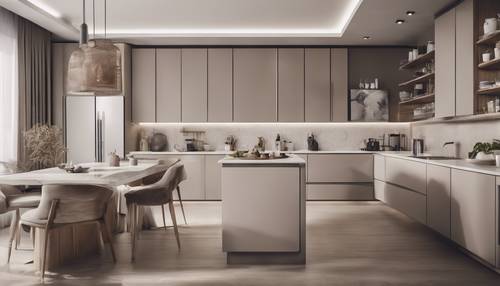 A sleek and neutral-toned minimalist kitchen with a breakfast bar. Tapet [ea042c603a9141629272]