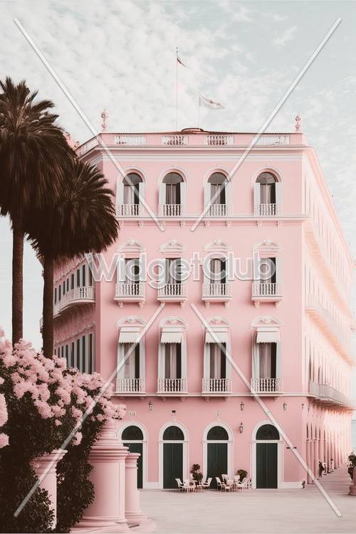 粉色宫殿与棕榈树和阳台背景
