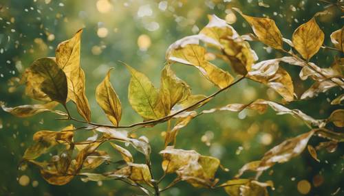 An abstract painting of gusty wind rustling through thick green and golden leaves.