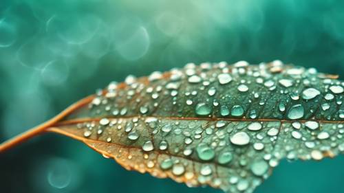 A close up of a leaf covered with drops of morning dew on a teal colored plain.