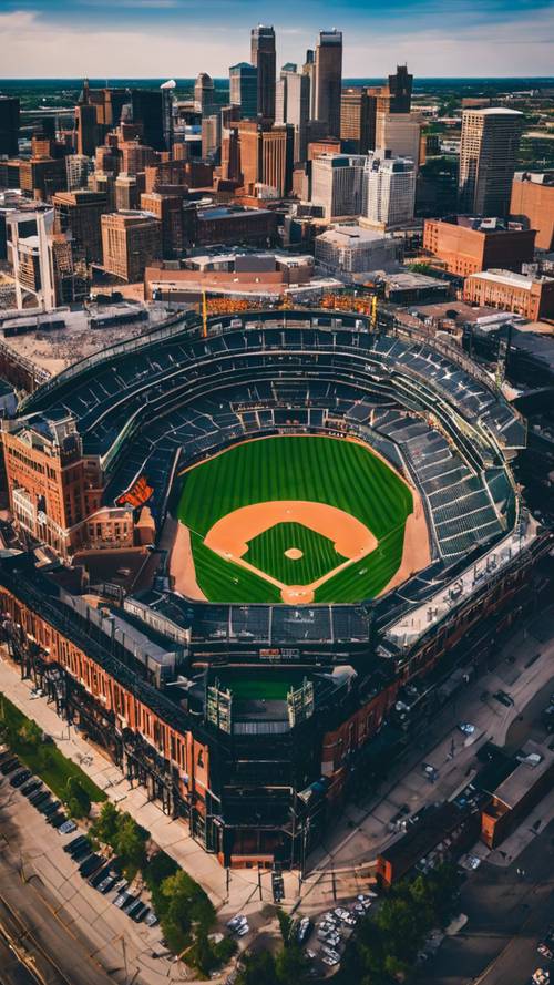 A vibrant bird's-eye view of Comerica Park in Detroit during a Tigers' baseball game.