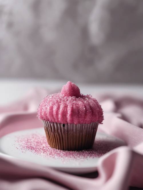 A close-up of a dark pink frosted cupcake sprinkled with glittering sugar granules on a white tablecloth.