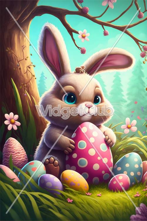 Милый кролик на фоне красочных пасхальных яиц