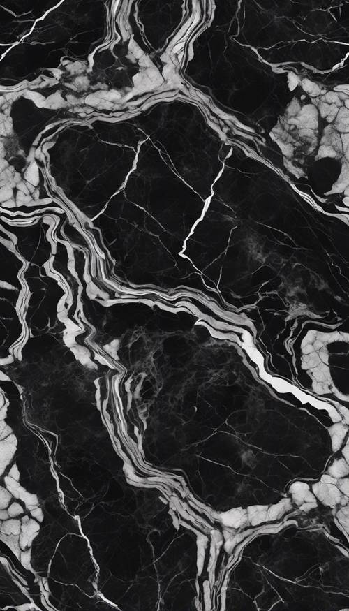 얇은 흰색 정맥이 있는 짙은 검정색 대리석의 매끄러운 패턴입니다.