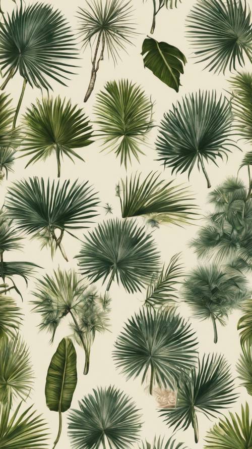 Farklı palmiye yaprakları çeşitlerinin ayrıntılı, antika bir botanik çizimi.
