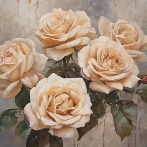 An oil painting of old-fashioned beige roses.