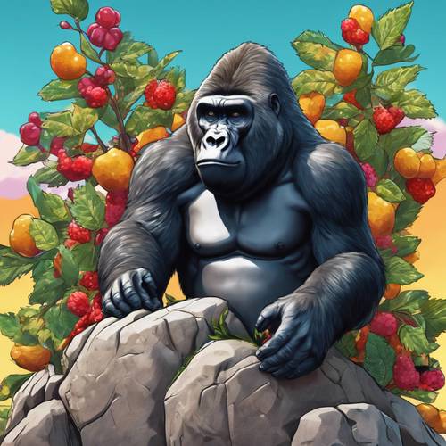 Un gorilla creativo, che disegna in stile cartone animato un autoritratto su una parete rocciosa con bacche dai colori vivaci.