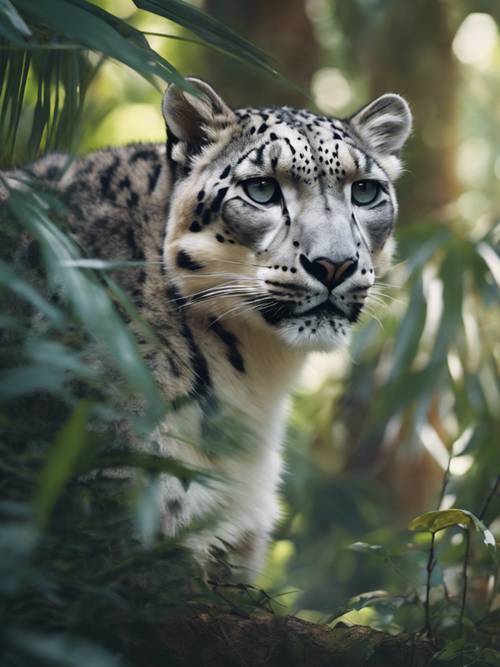 A glimpse of a rare snow leopard huddled in the dense foliage of a tropical jungle.