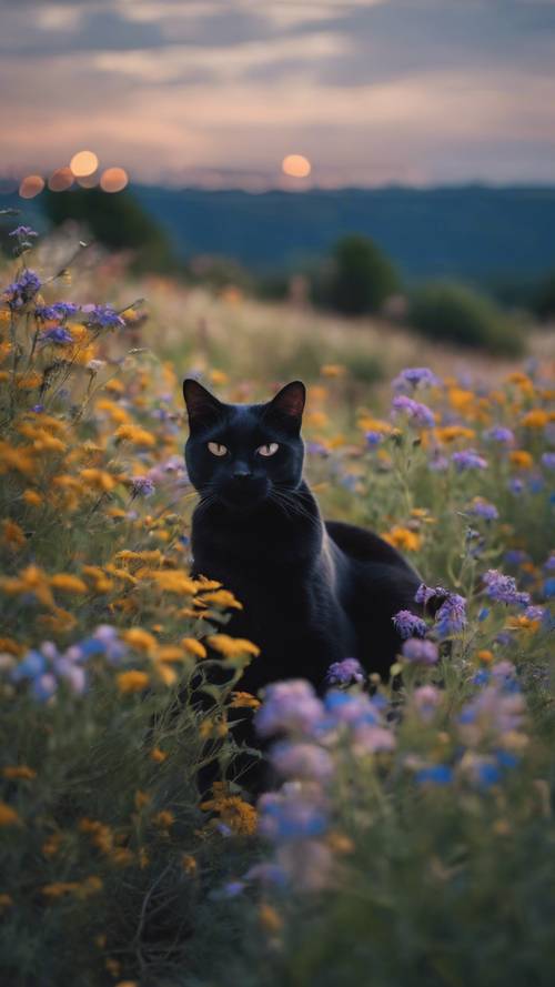 חתול שחור מנמנם בחיבוק ידיים בתוך שדה כחול כהה של פרחי בר בשעת בין ערביים.