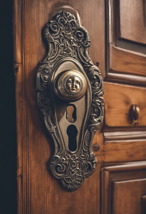 Doorknob with a face, as Alice struggles to open the door.