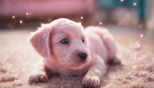 一只粉红色的小狗，眼睛闪闪发光，正在探索它的新家。
