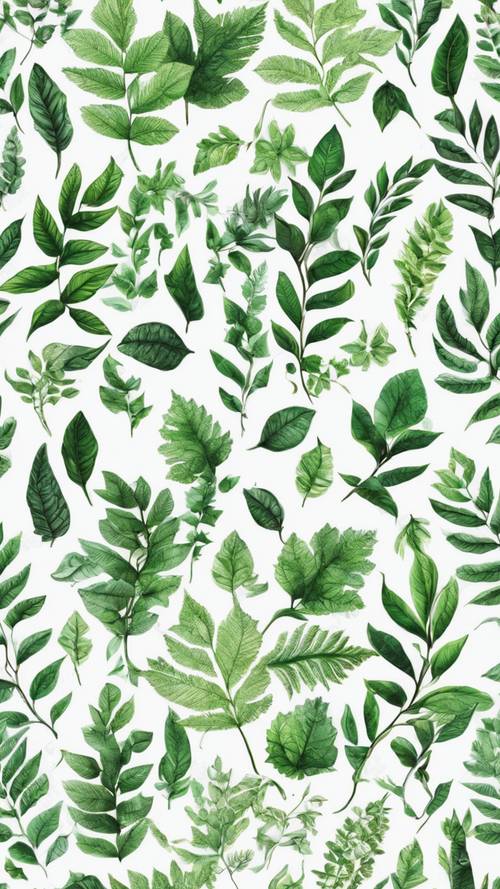 A seamless pattern of delicate green leaves doodled over white background.