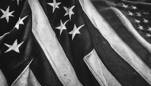 Siyah ve gri renkte, Gotik sanat tarzında bir Amerikan bayrağının resmi.