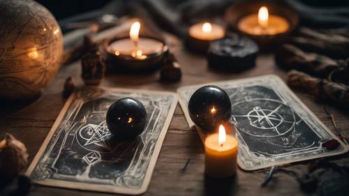 Una sesión de espiritismo a la luz de las velas con cartas del tarot, una bola de cristal ahumada y símbolos místicos dibujados con tiza.