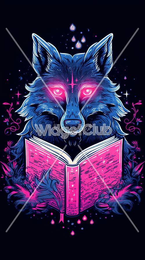 Lobo místico leyendo un libro mágico en el cielo nocturno