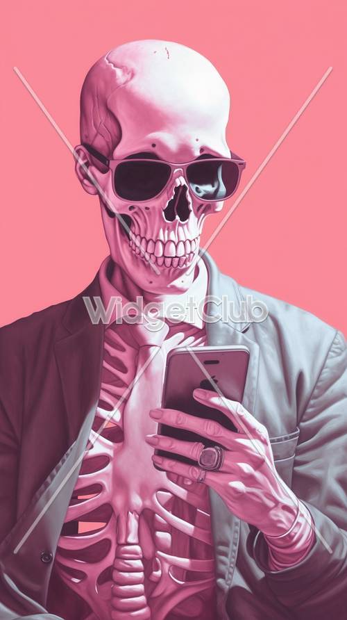 Hombre esqueleto con traje sosteniendo un teléfono inteligente