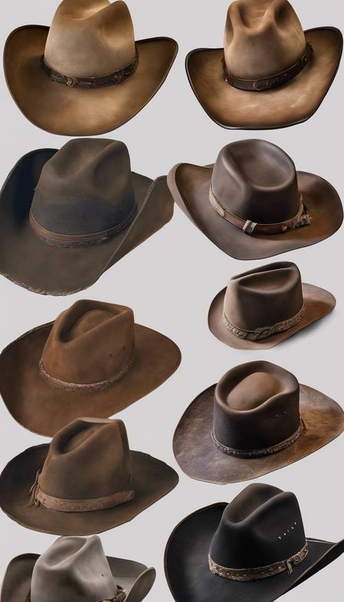 Verschiedene Arten klassischer Western-Cowboyhüte aus verwittertem Leder und Filz.