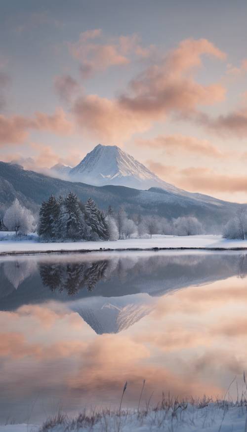 黎明时分，一座孤山被冬日的新雪覆盖，景色宁静祥和。