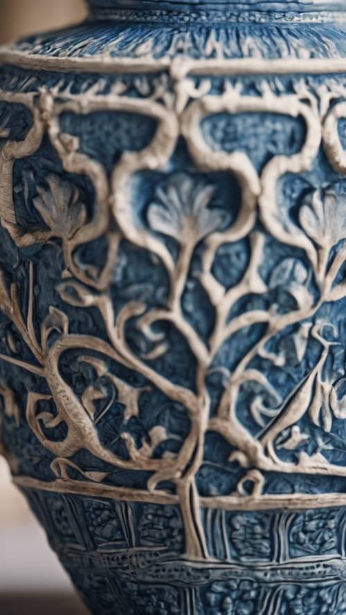 Una vista muy detallada de un jarrón de cerámica con textura azul y tallas intrincadas.