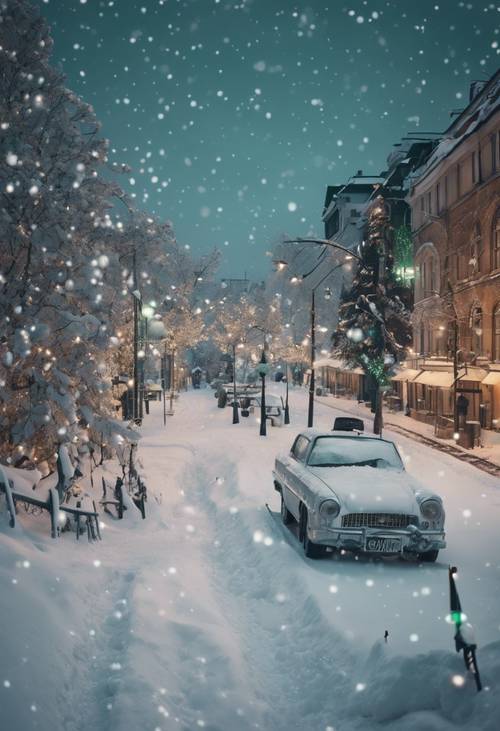 A panoramic view of a white snow-covered city with green Christmas lights.