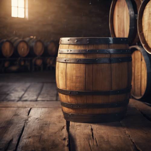 Tong kayu kecil berisi anggur ditempatkan di kilang anggur tua.