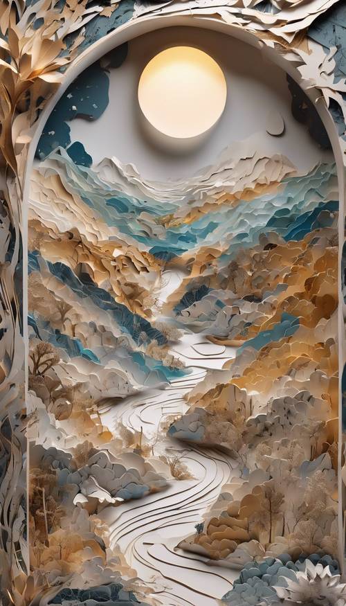 An intricate marbled paper collage, crafted into a 3D landscape.