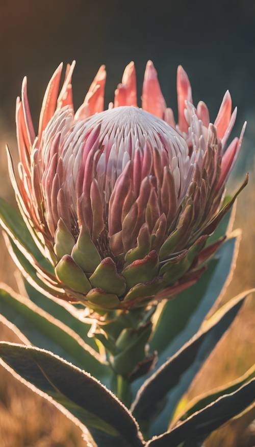 A close-up of a protea flower glowing in the early morning light.