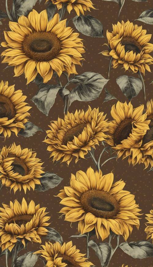Ästhetisches Sonnenblumenmuster im Retro-Stil mit leuchtend gelben Blüten auf einem braunen Vintage-Hintergrund.