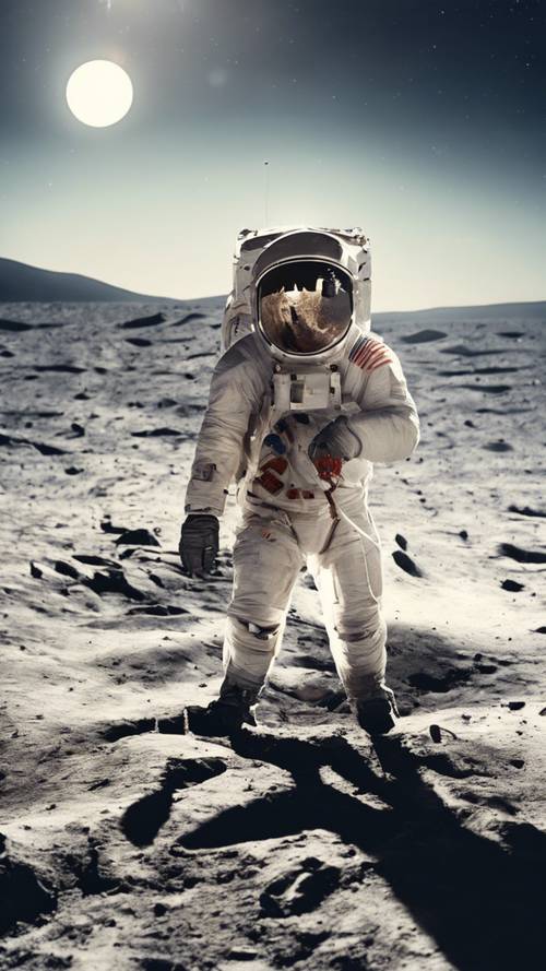 Seorang astronot menancapkan bendera di permukaan bulan.