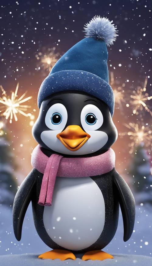 Ein Zeichentrick-Pinguin mit einer lustigen Neujahrsmütze steht in der verschneiten Nacht mit Feuerwerk im Hintergrund.