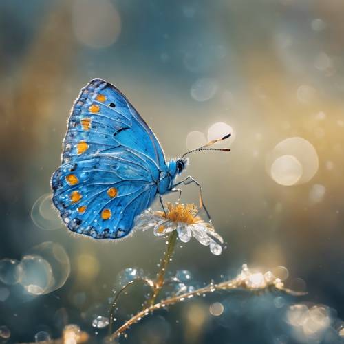 一只带有金色斑点的亮蓝色蝴蝶停在一朵沾满露珠的花朵上。