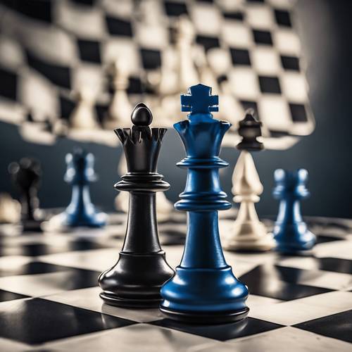 Benzersiz siyah ve mavi tasarımlı parçalar içeren bir satranç tahtası seti.