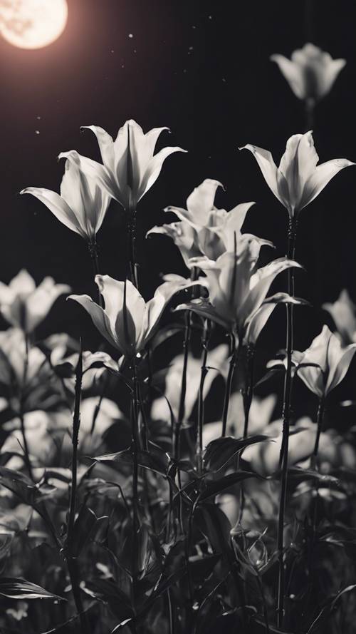 A mysterious, noir-style floral scene featuring black lilies in moonlight.