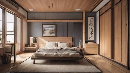 Kompaktowy apartament w stylu japońskim z podłogą z mat tatami, przesuwanymi drzwiami i wielofunkcyjnymi meblami.