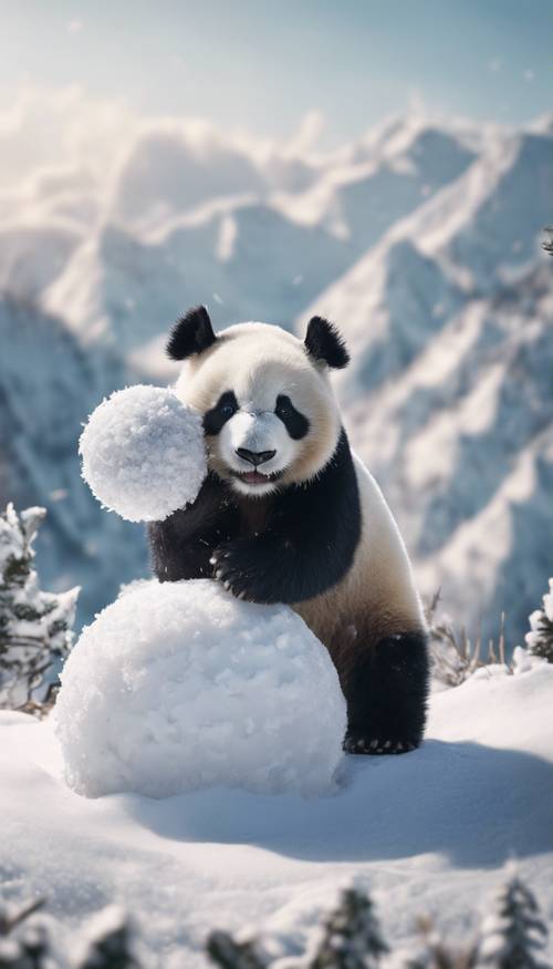 Игривая панда на вершине заснеженной горы катает большой снежок.